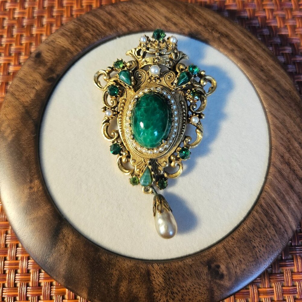 Vintage Florenza 1960 Faux Jade/Pearl and Rhinstone Brooch